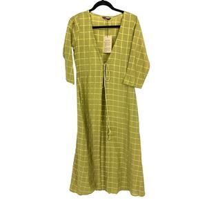 Libas Kurta Tunic Womens M Green Windowpane Check Tie Front Kaftan Style NWT